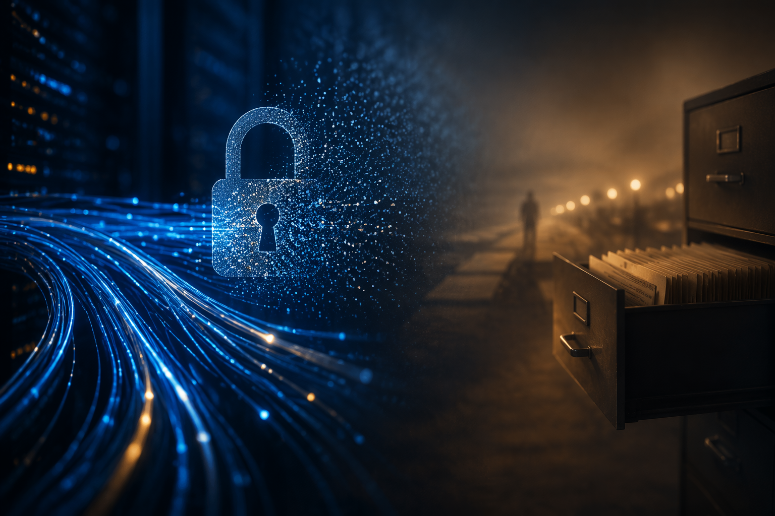 Fiber-optic data streams and a damaged padlock illustrating harvest now decrypt later risk
