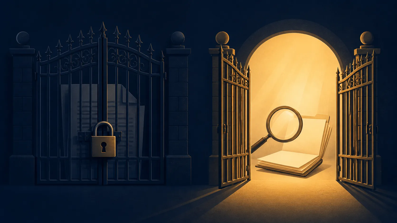 Symbolic gate opening beside a magnifying glass over a blank case file to represent an agency determination and recordkeeping