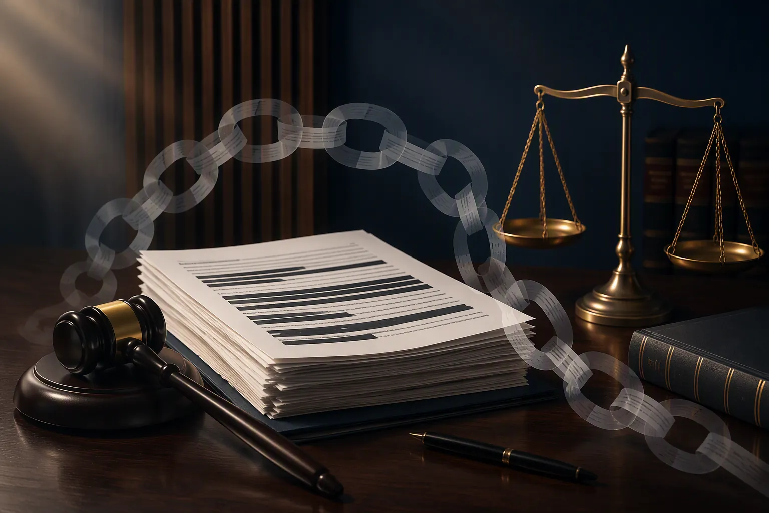 Gavel, redacted legal documents, scales, and paper-chain links on a dark desk, symbolizing an unresolved sequence of evidence rulings