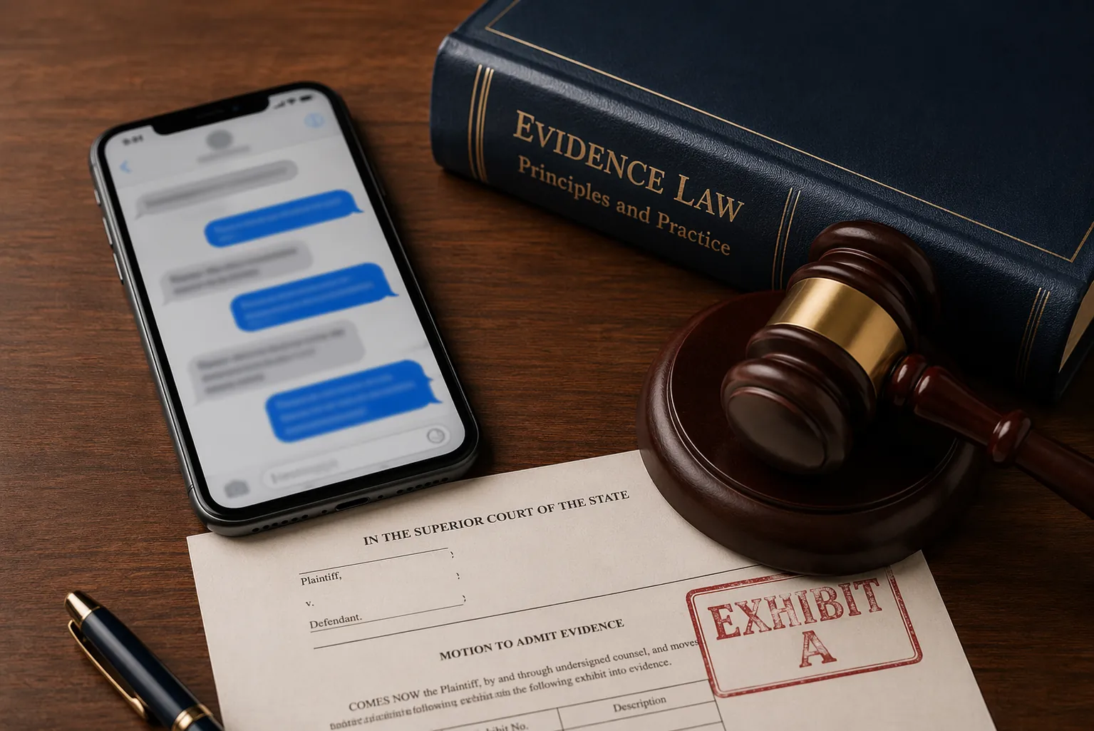Smartphone with blurred chat bubbles beside a law book, gavel, and stamped legal document