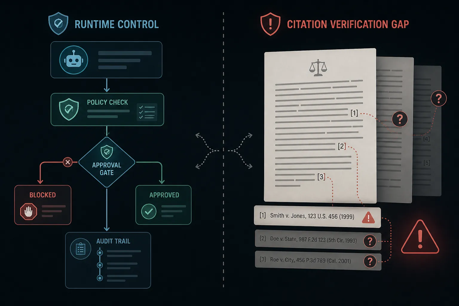 Split comparison of AI agent runtime controls and unverified legal citations