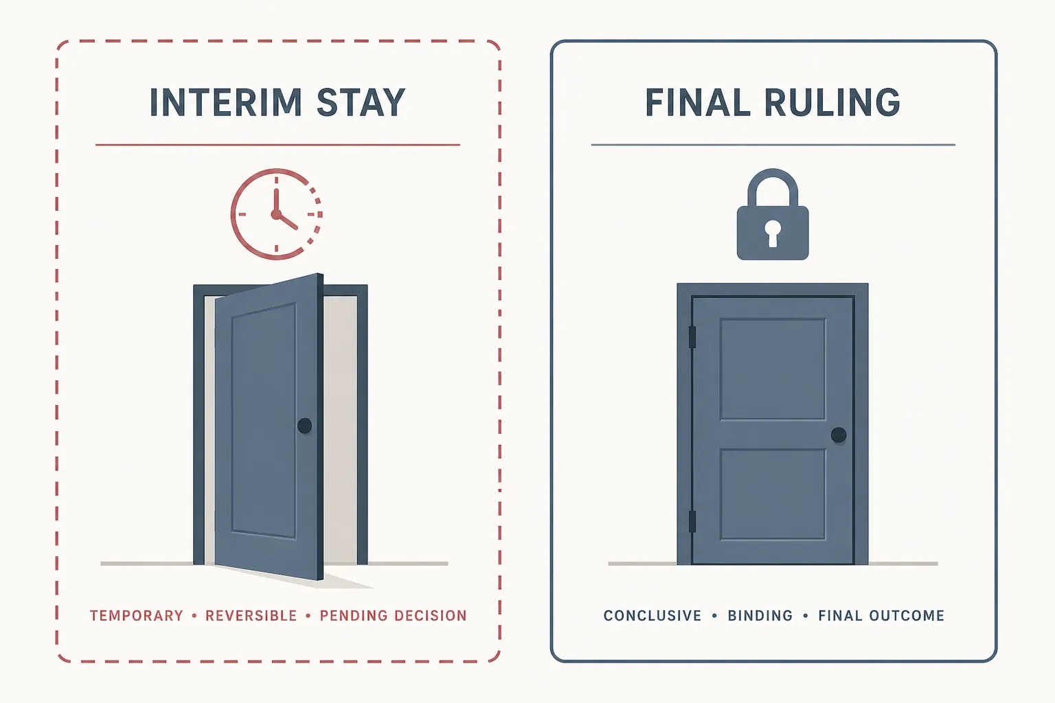 Comparison between an interim stay as a temporary reversible suspension and a final ruling as a conclusive outcome