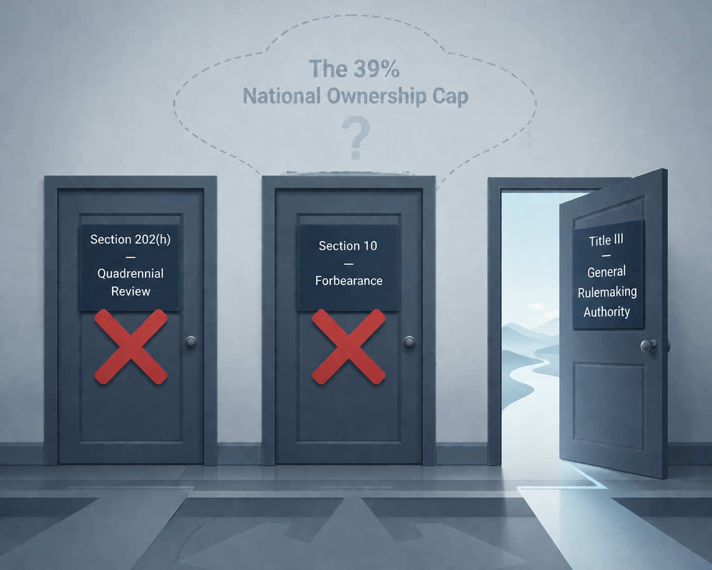 Clean informational diagram showing two blocked statutory doors and one partially open Title III path toward the 39% national ownership cap