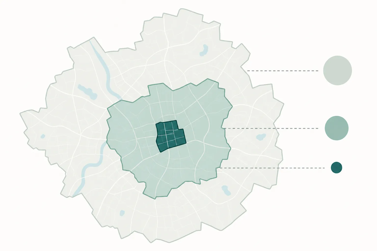 Schematic city outline with a small block-scale zone nested inside a larger district boundary