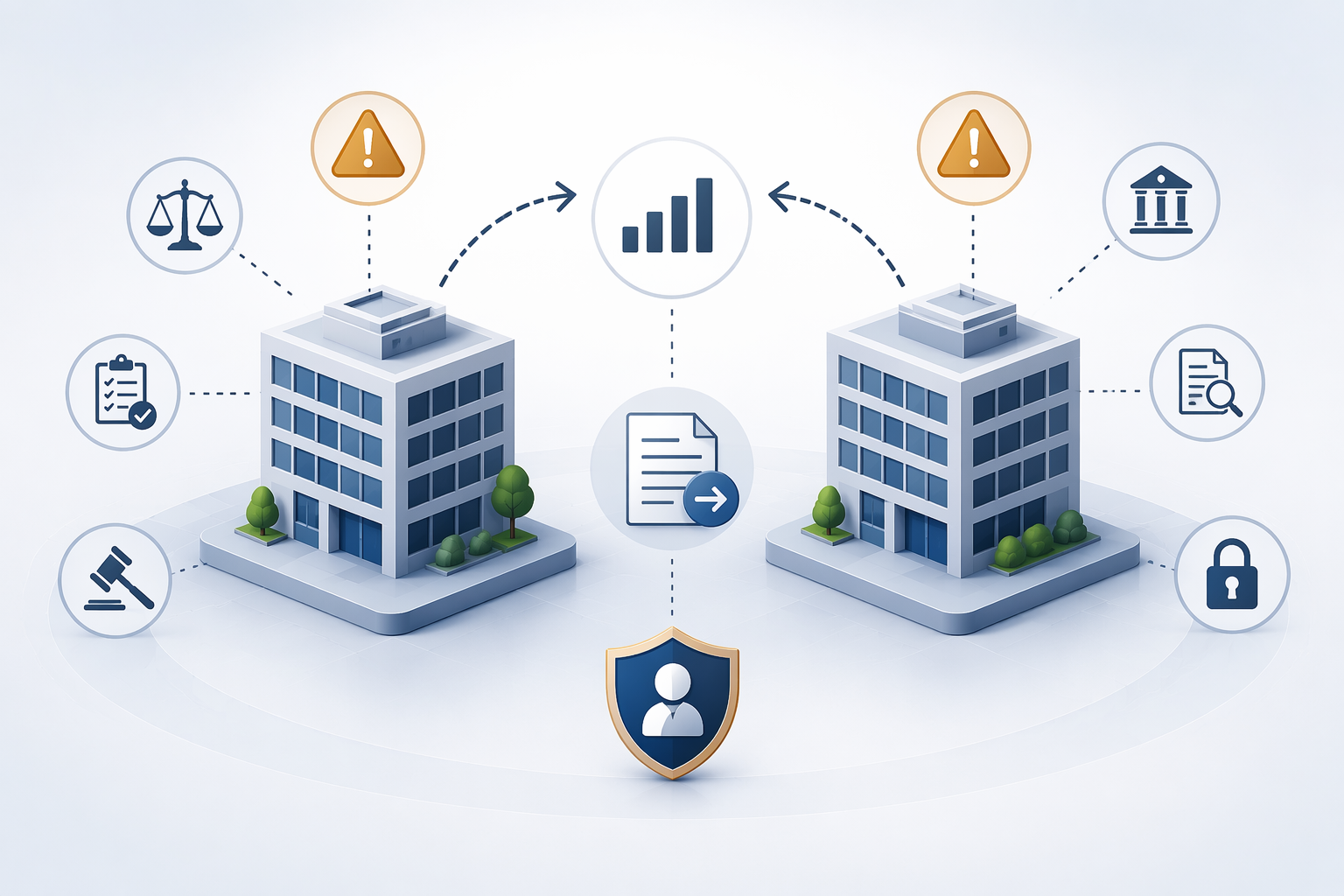 Two separate corporate entity blocks with compliance alert markers and aggregation arrows between them