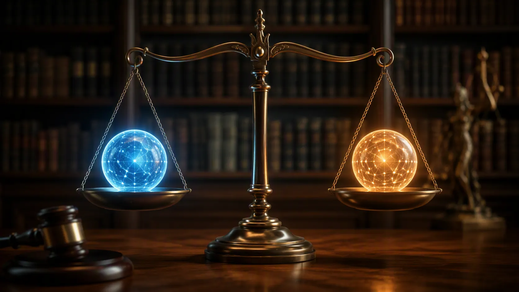 Balanced courtroom scale with blue and amber glowing orbs representing two AI models tied on a legal benchmark