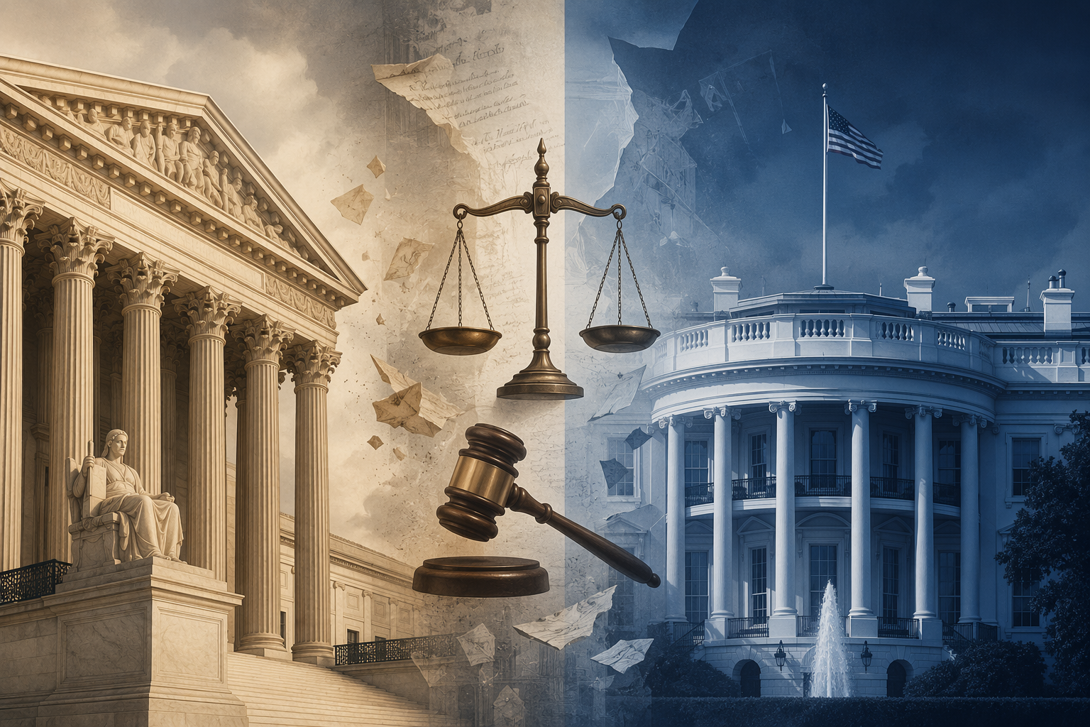 Federal courthouse and White House separated by a scale and legal documents, illustrating unresolved constitutional tension over prosecutorial authority