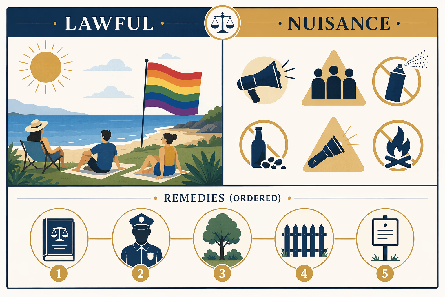 Diagram separating lawful beach use from nuisance conduct with five remedy icons