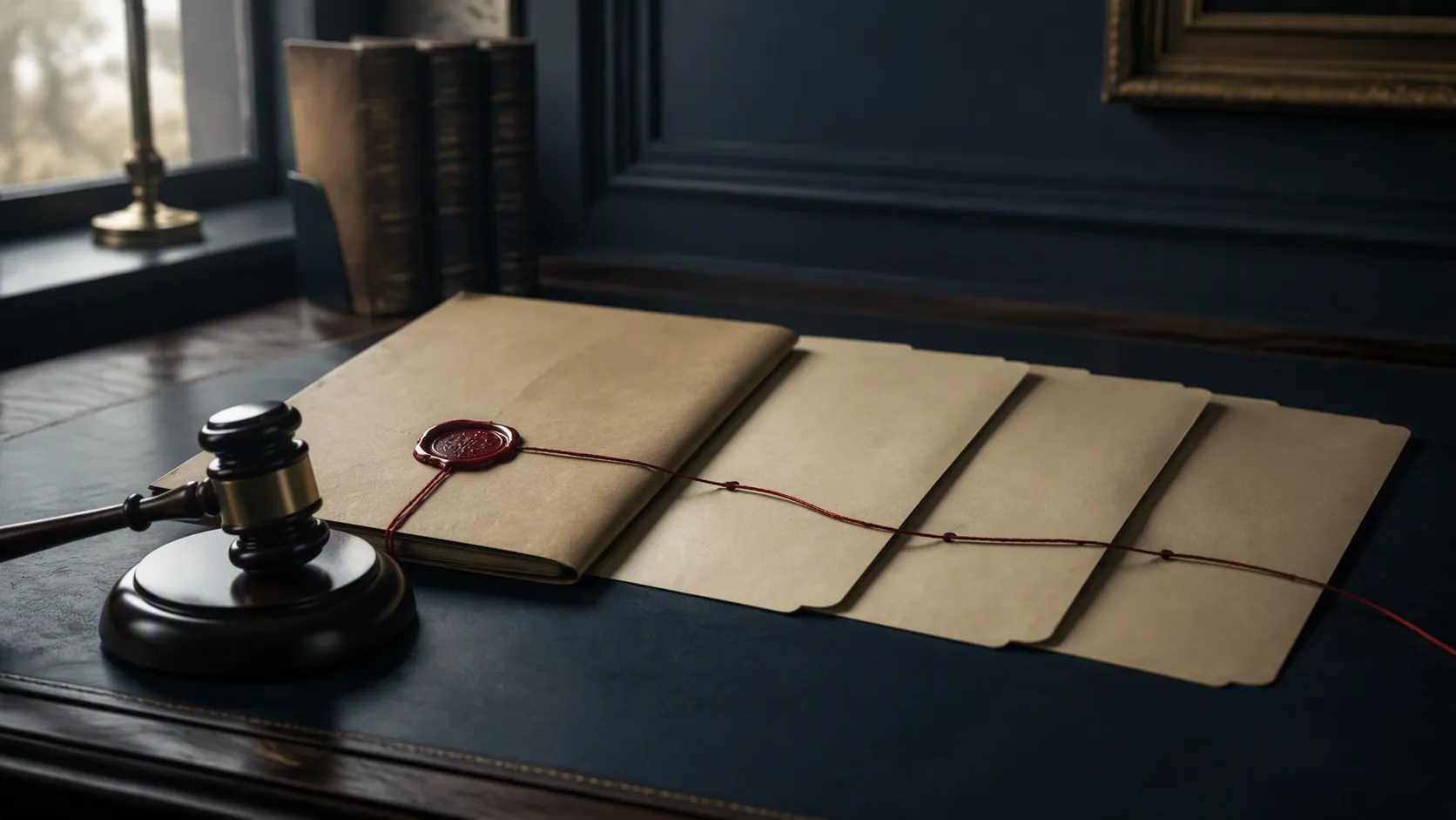 Sealed case file with three open legal folders connected by a red thread