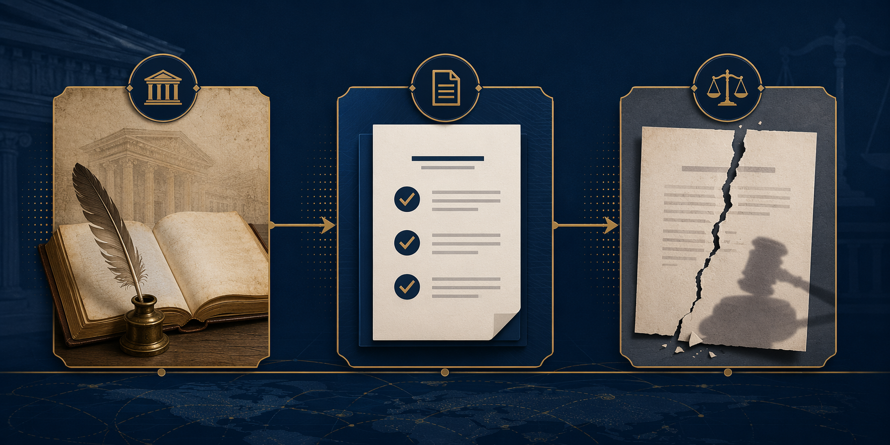 A three-panel timeline showing pre-1999 discretion, 2022 definitions, and the 2026 rescission