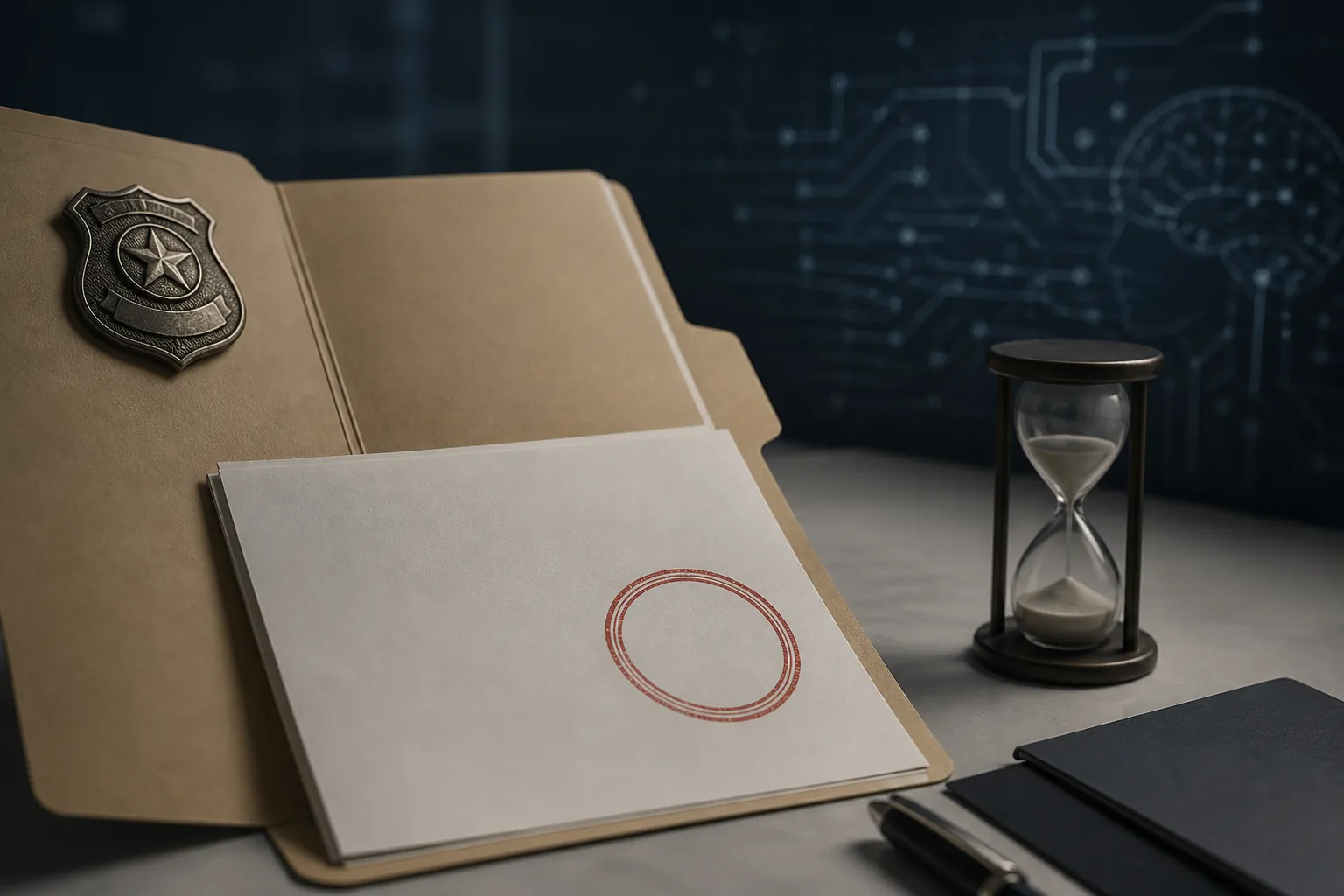 Open police case-file folder with a red status stamp, hourglass, and circuit-board patterns suggesting an unresolved AI policy review