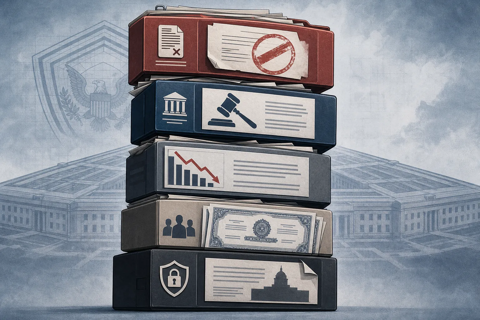 Stacked risk documents for terminated contract, court filing, securities lawsuit, bondholder claim, and classified terms