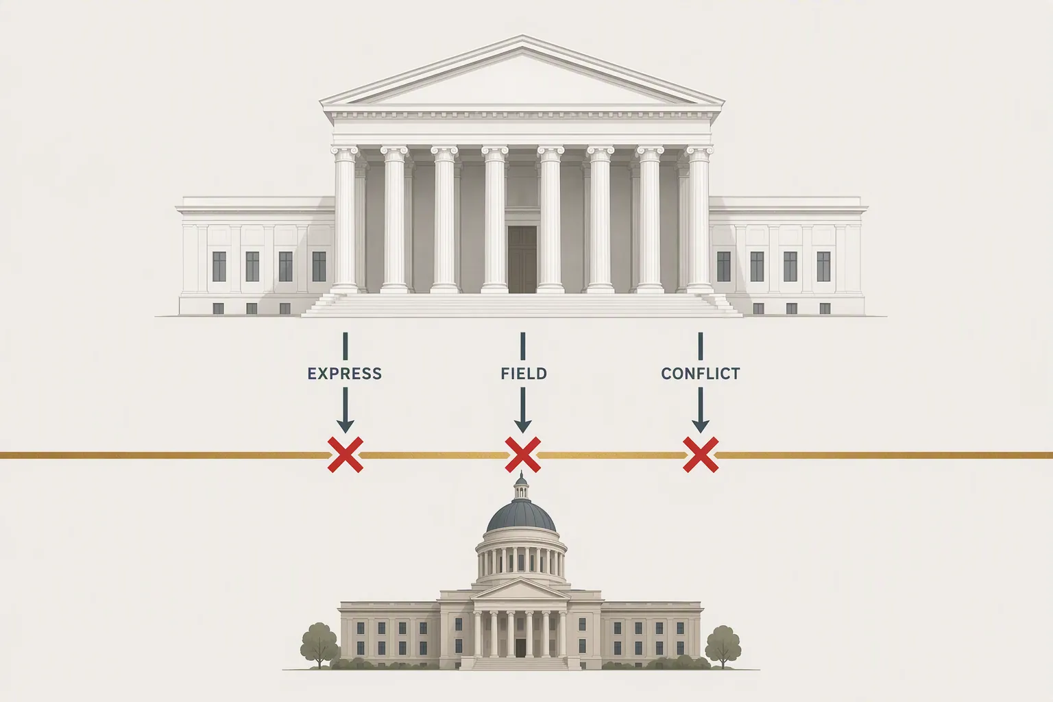 Diagram showing express, field, and conflict preemption arrows blocked between a federal courthouse and a state capitol