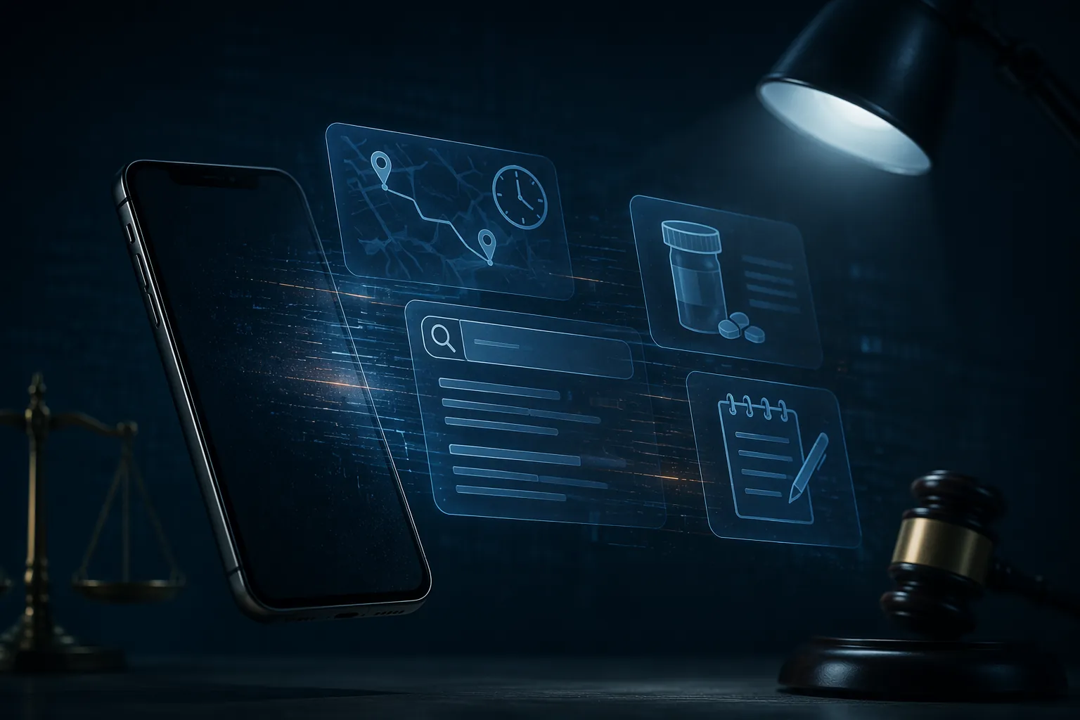Smartphone in a forensic setting with map, search, prescription, and note data elements