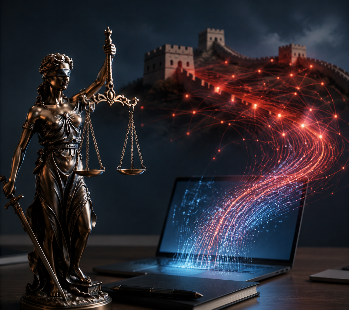 A bronze Lady Justice statue beside a glowing laptop with data streams crossing a faint Great Wall silhouette