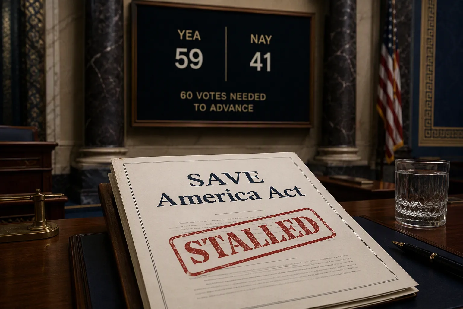 A SAVE America Act document stamped stalled on a Senate desk with a voting board behind it