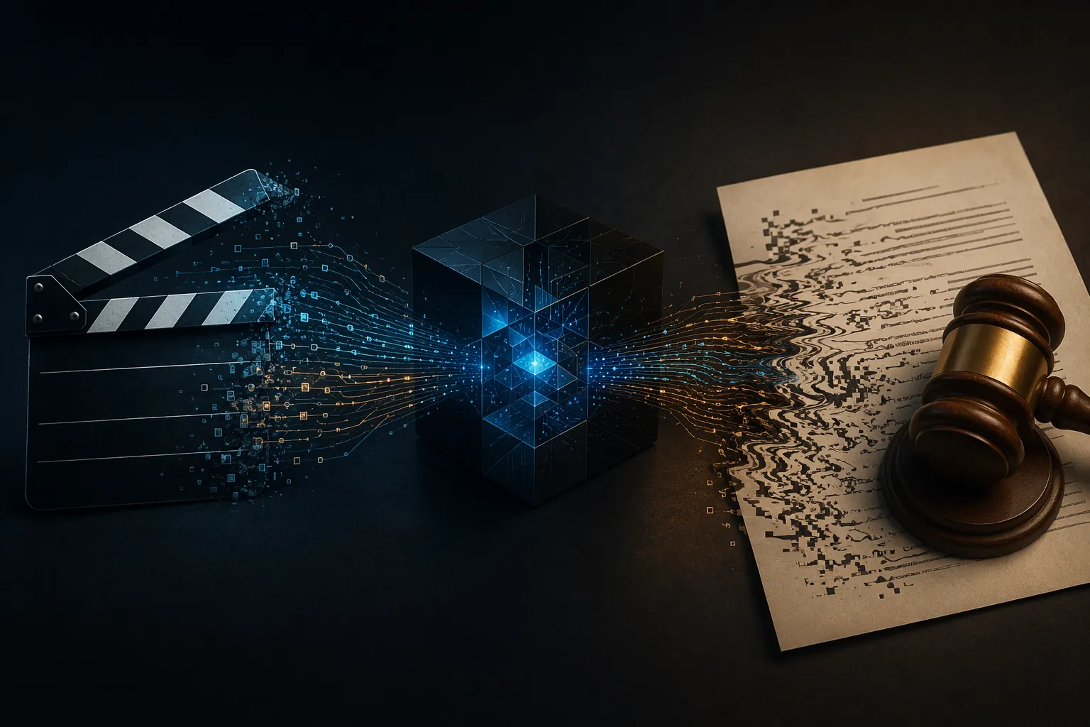 Film clapperboard transforming through digital data streams into a distorted legal document and gavel