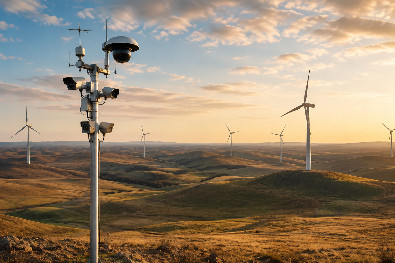 IdentiFlight bird detection camera station overlooking Wyoming wind turbines
