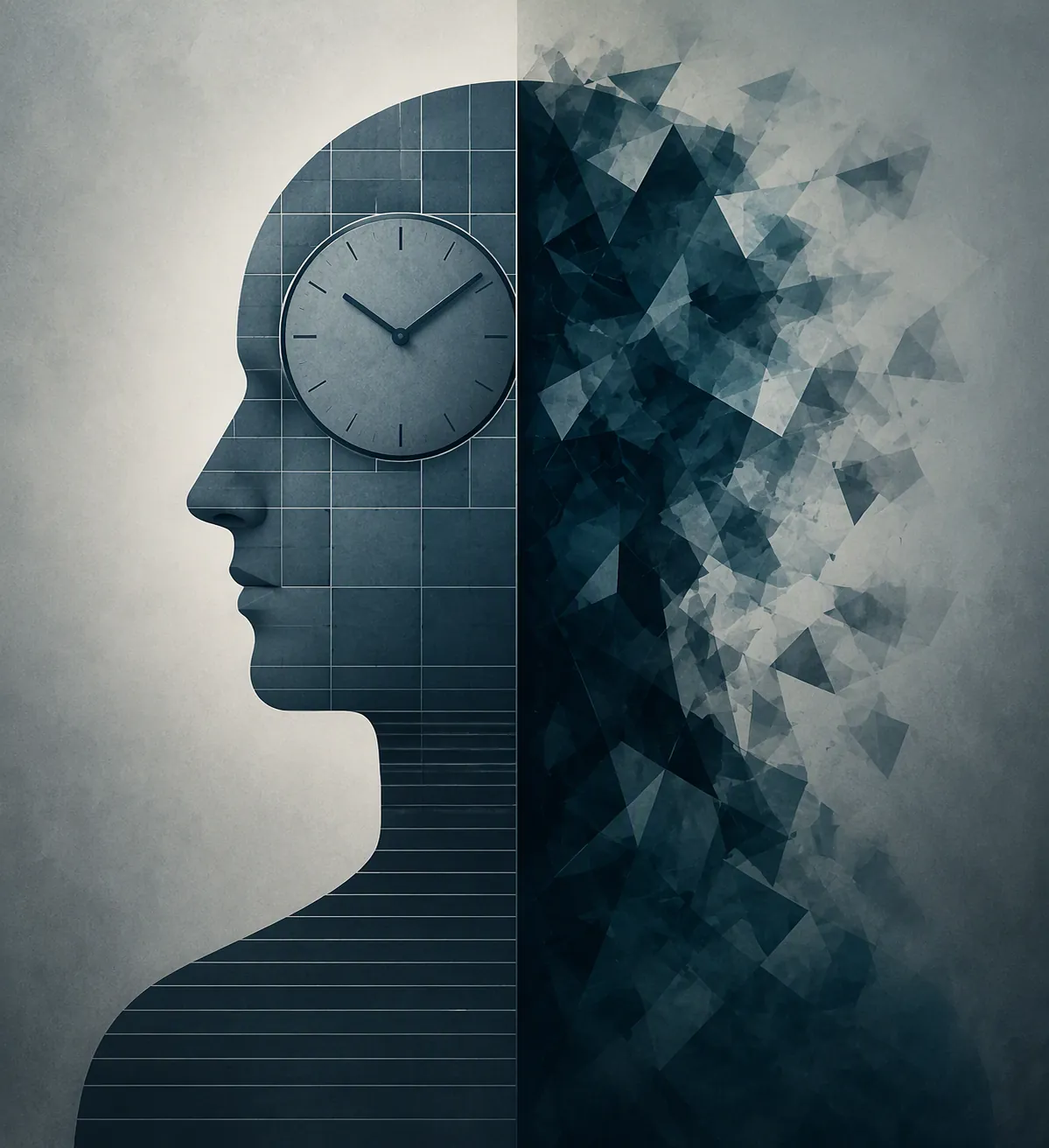 Split profile illustration contrasting organized thought with fractured perception