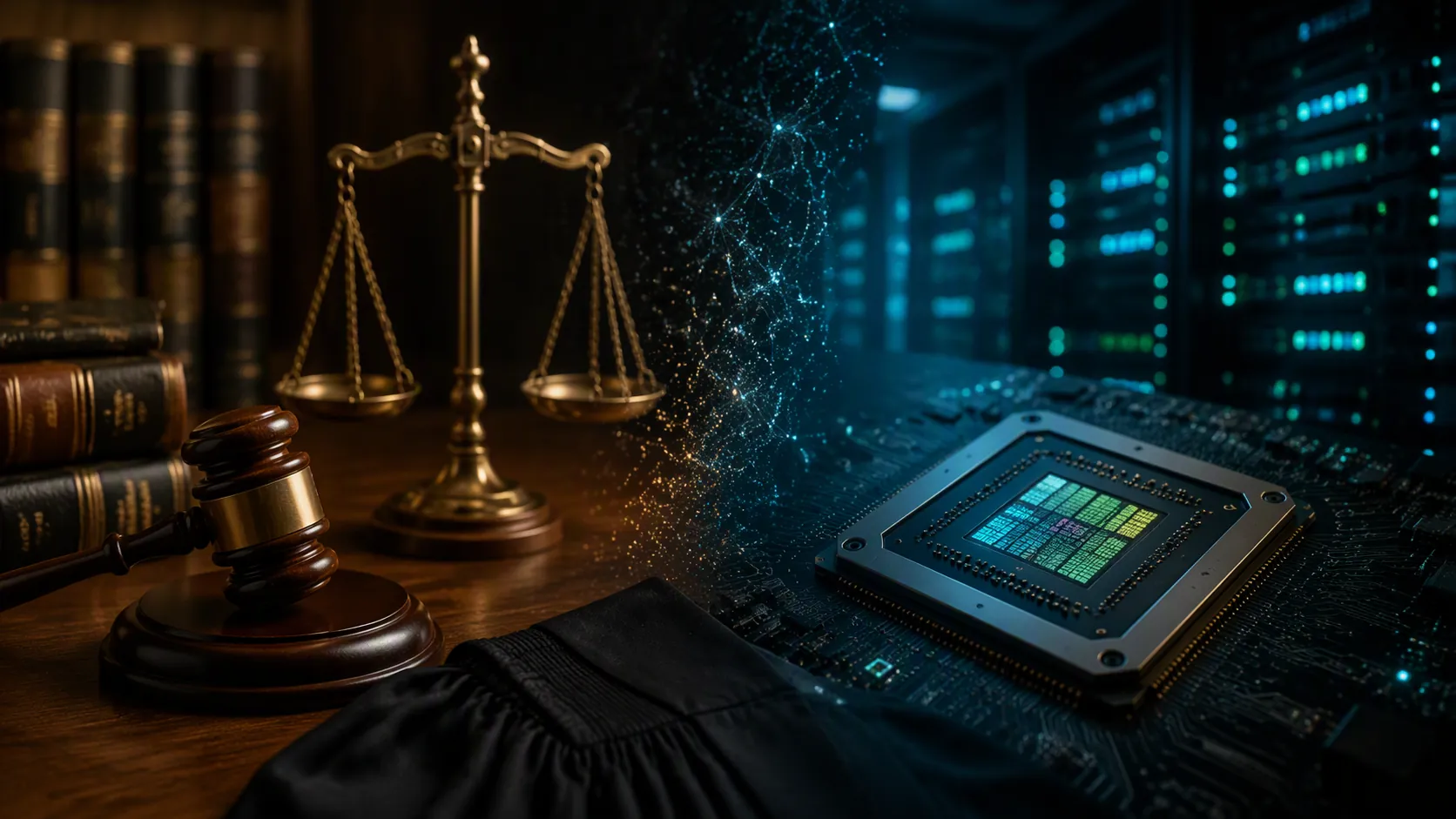 Gavel, legal books, scales of justice, and a glowing GPU data center scene