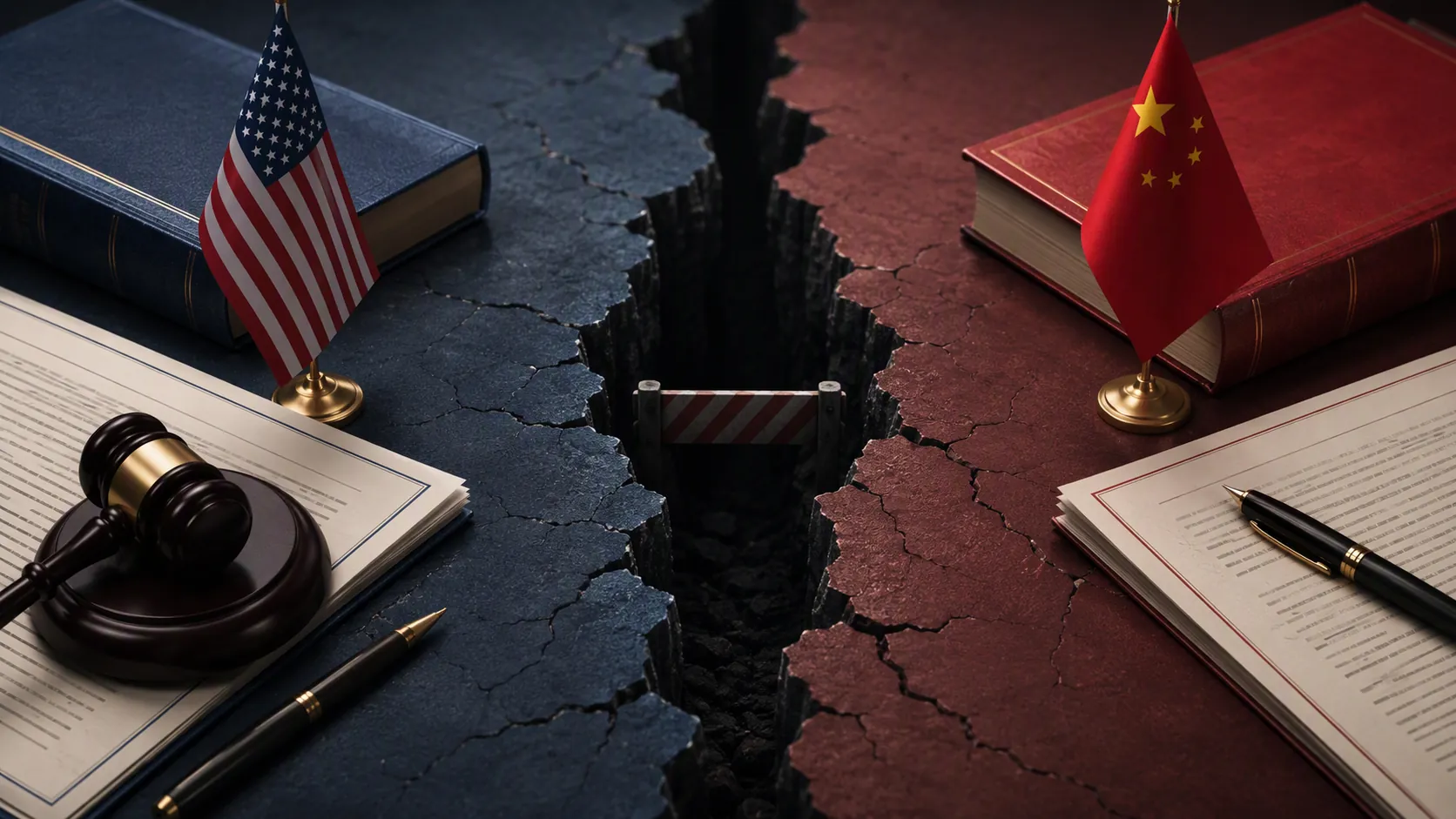 Two opposing legal frameworks collide across a fractured dead-end pathway