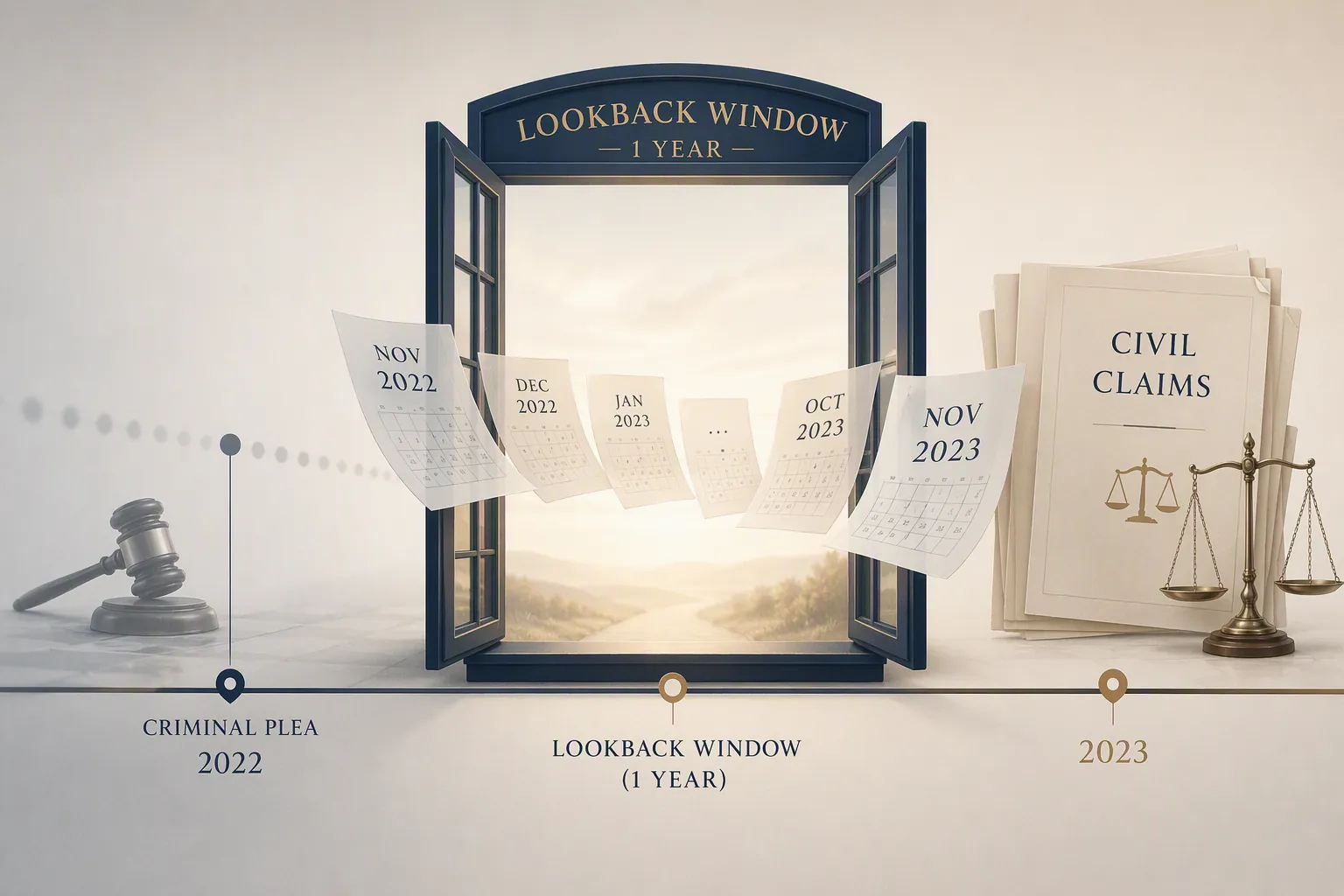 Calendar illustration showing a one-year lookback window from November 2022 to November 2023 connecting earlier events to civil claims
