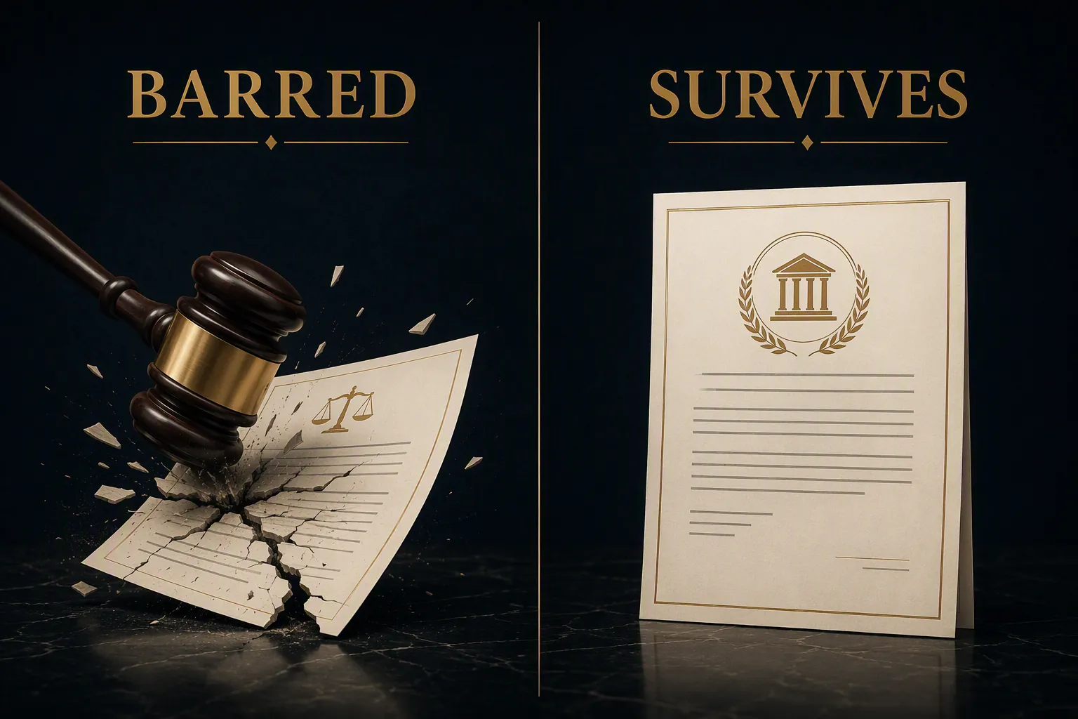 A two-part legal diagram contrasting barred direct sanction challenges with surviving process-based claims.