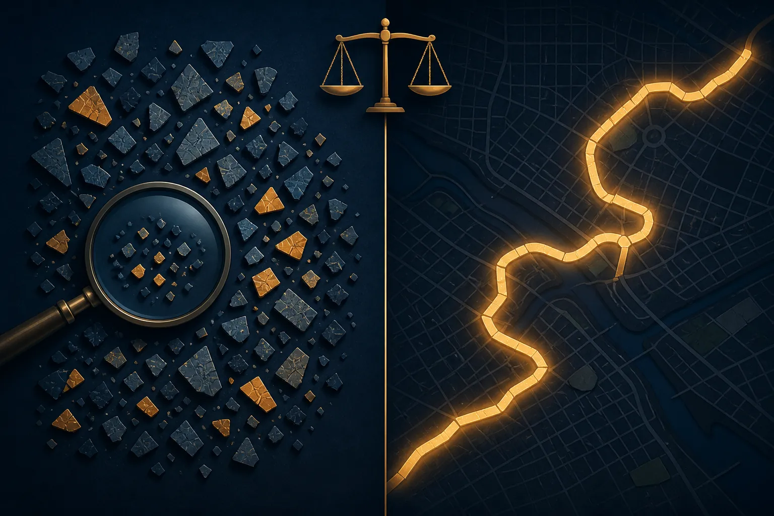 Fragments under a magnifying glass reassembled into a glowing path across a map grid