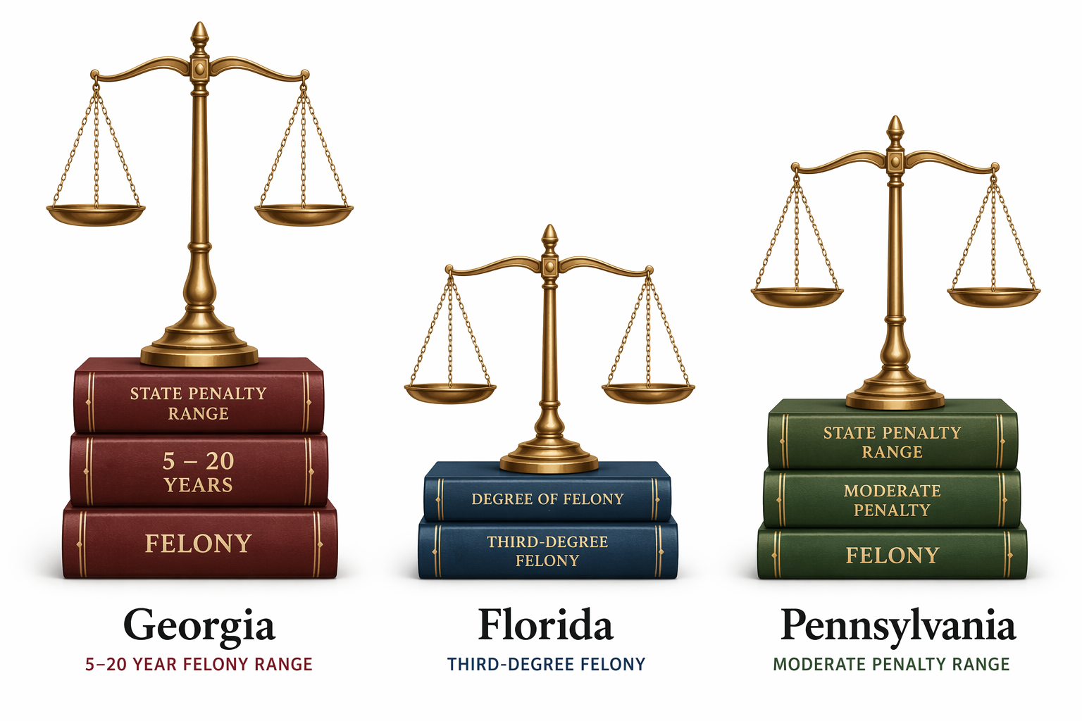 Judicial scales representing different penalty severity in Georgia, Florida, and Pennsylvania