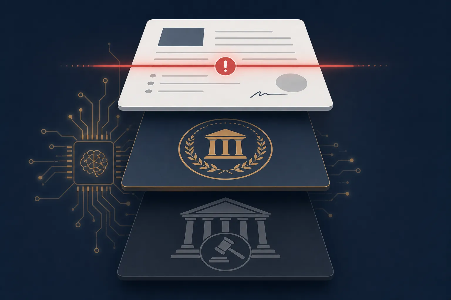 Courthouse sanction, agency discipline seal, and client-facing document connected by an AI circuit motif