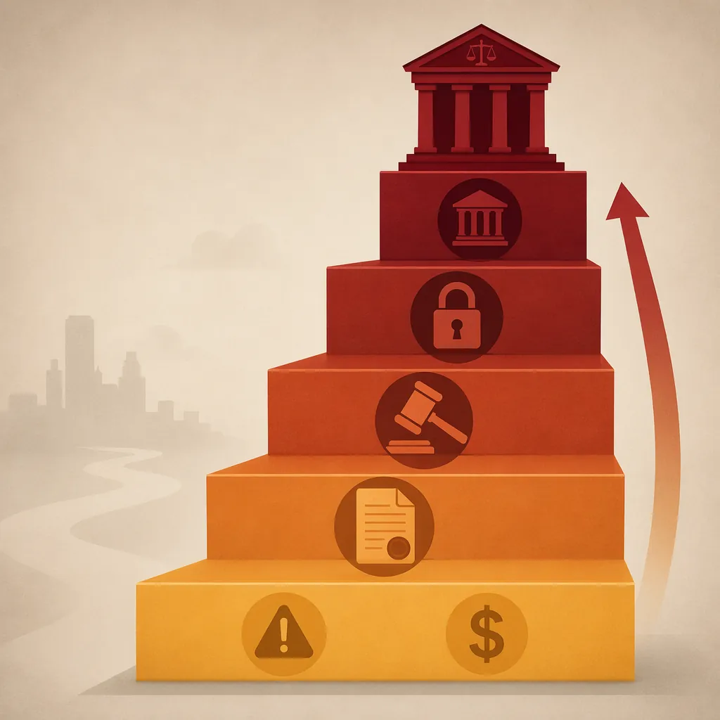 Escalation ladder showing warnings rising toward fines, closure, and court consequences