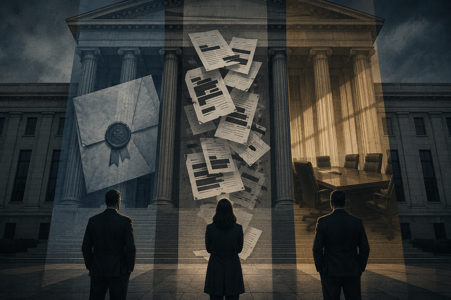 Federal courthouse facade with three shadow panels showing a sealed document, redacted papers, and an empty meeting table