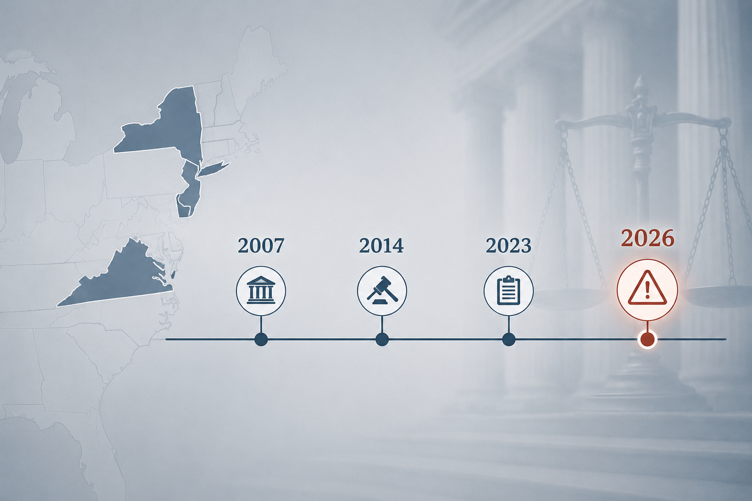 Editorial timeline from 2007 to 2026 marking Virginia, Connecticut and New Jersey, California, and New York events