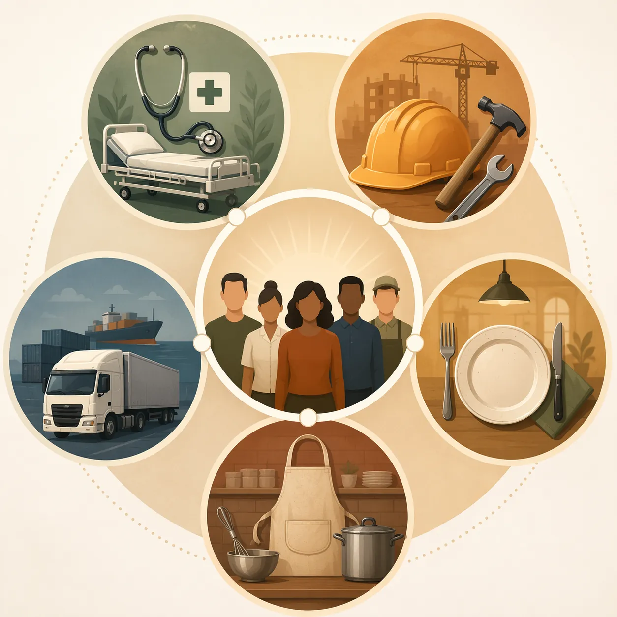 Industry sector icons for healthcare, construction, hospitality, transportation, and food services