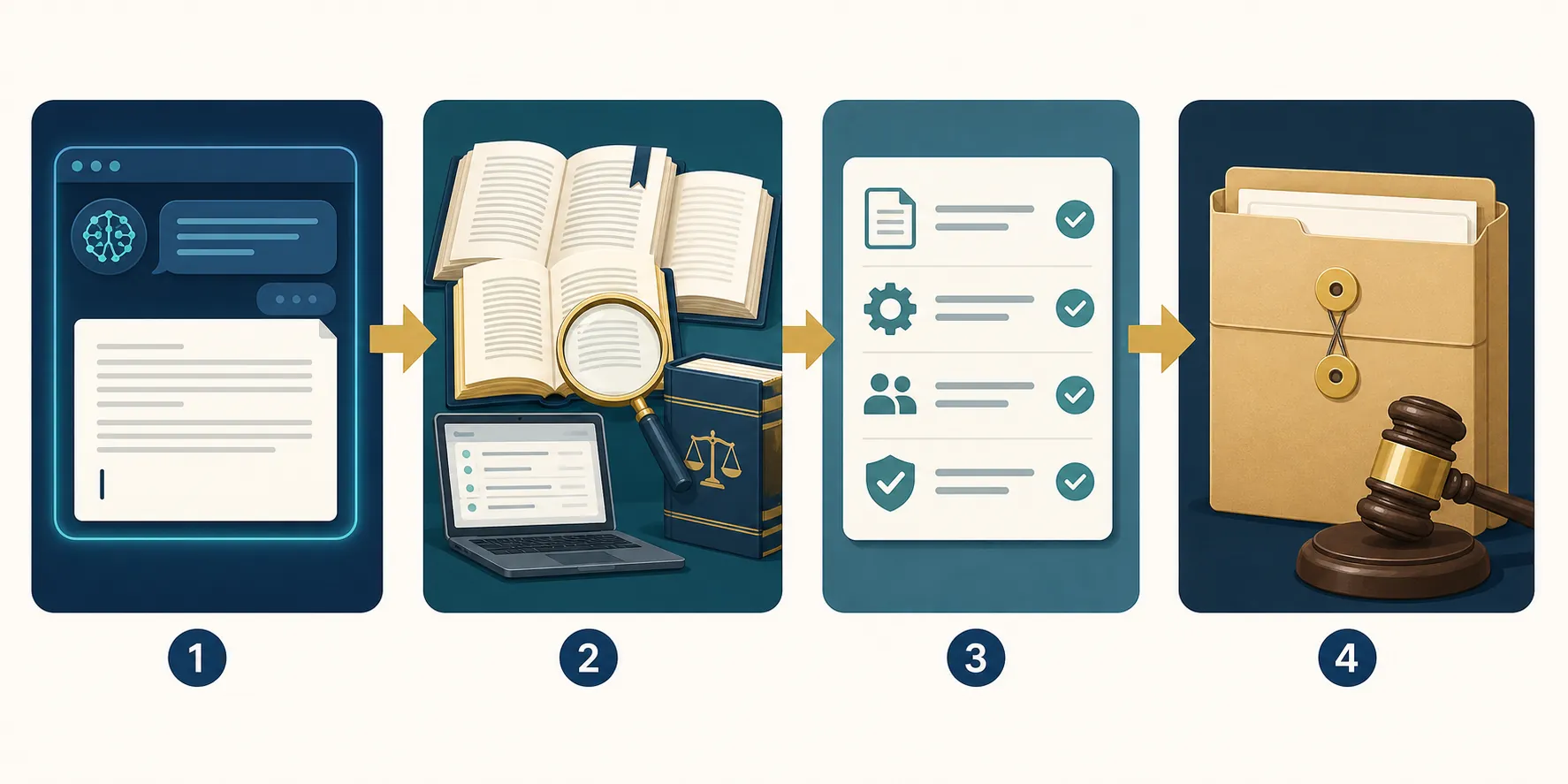 Workflow from AI draft through citation review and checklist controls to a sealed court filing
