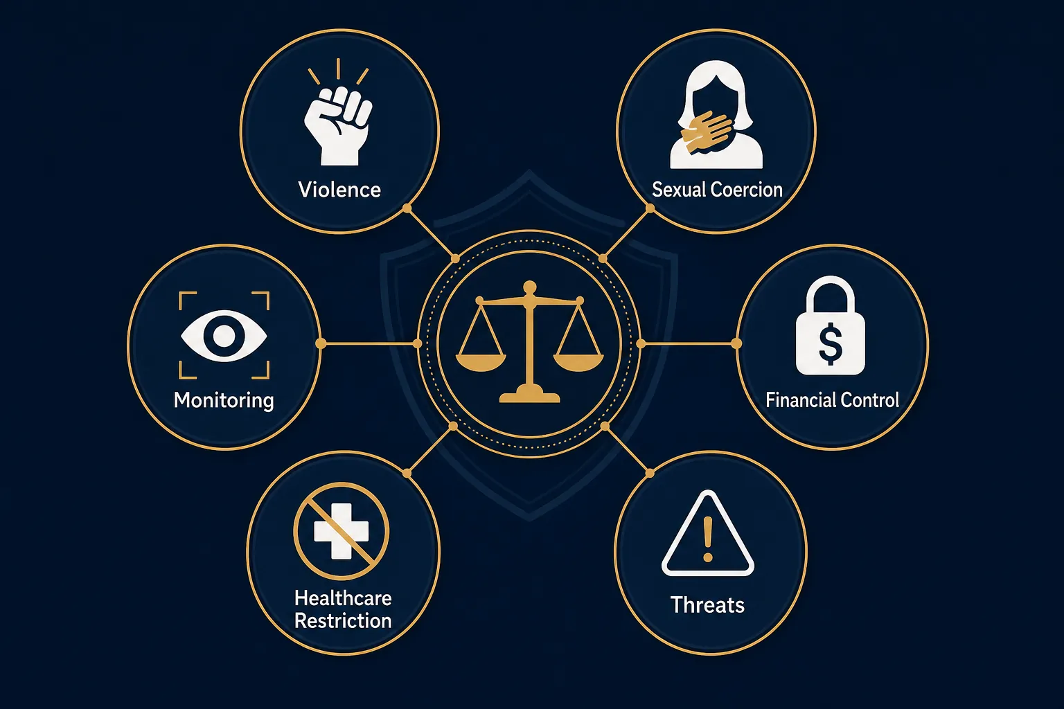 Six connected modules labelled Violence, Sexual Coercion, Financial Control, Monitoring, Healthcare Restriction, and Threats
