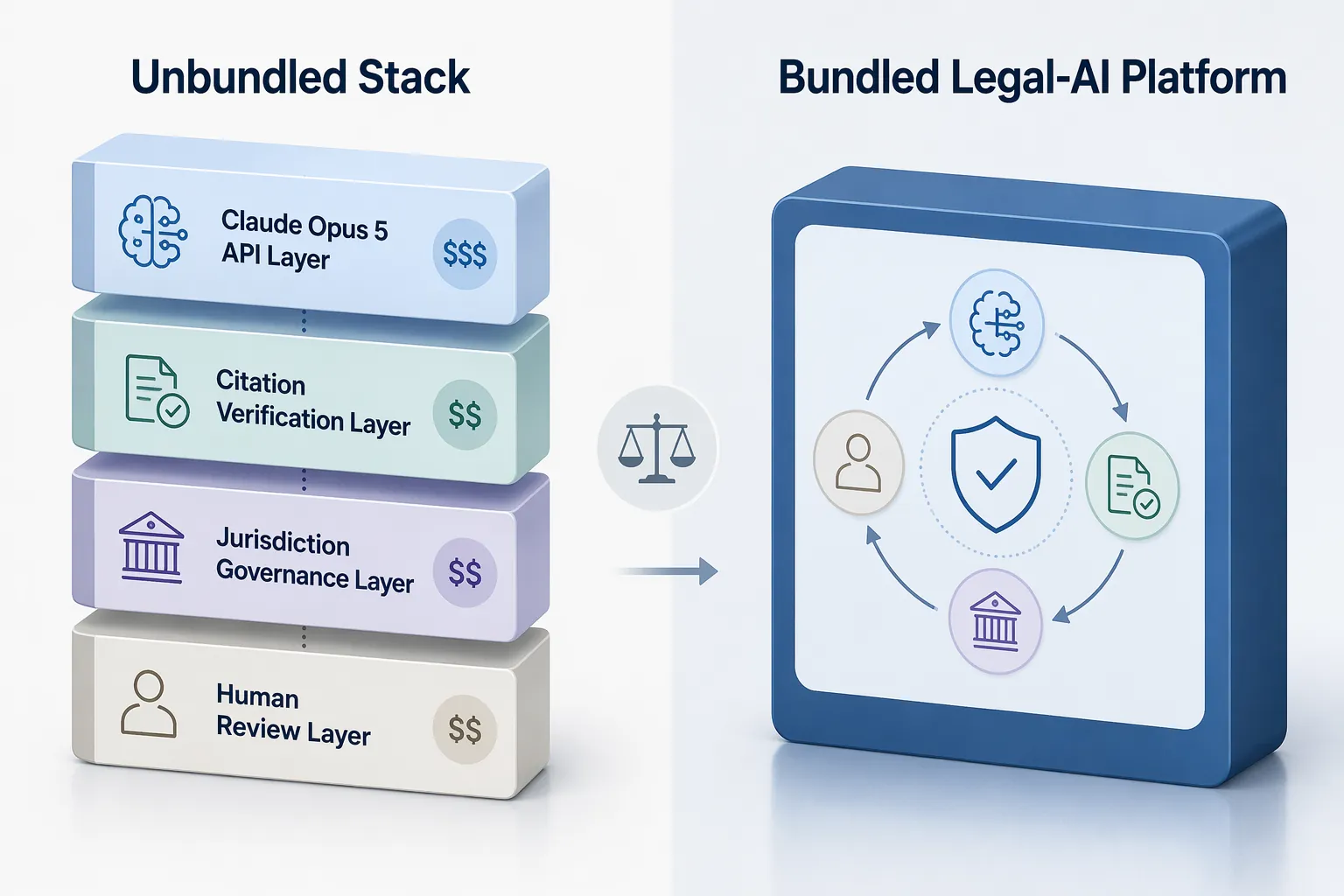Side-by-side comparison of an unbundled legal AI stack with separate model API, citation verification, jurisdiction governance, and human review layers versus a bundled legal AI platform with integrated compliance workflows