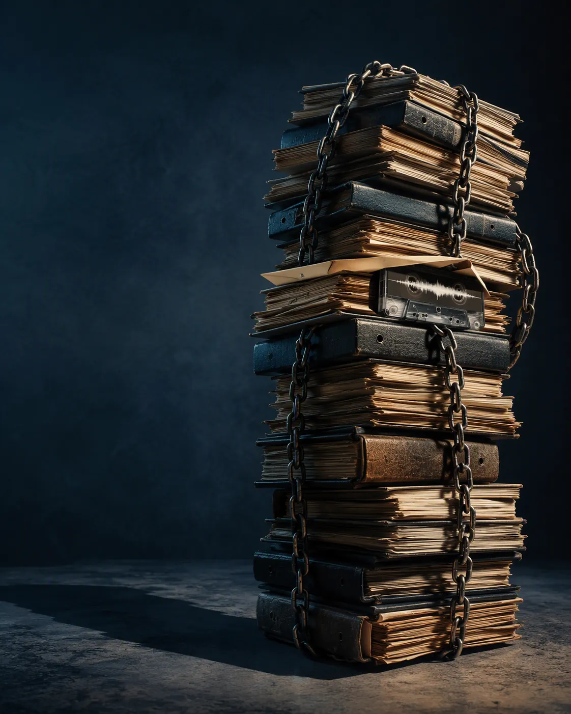 Stacked legal case files wrapped in chain links with a settlement contract and audio tape wedged between them