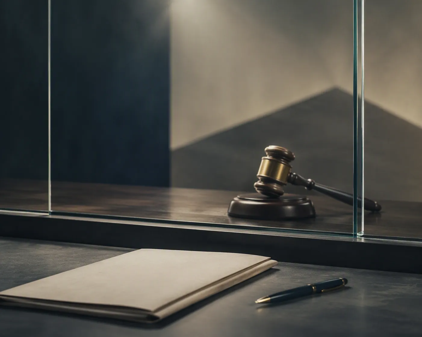 Brass gavel behind a pane of clear glass with a folded legal document and pen in the foreground