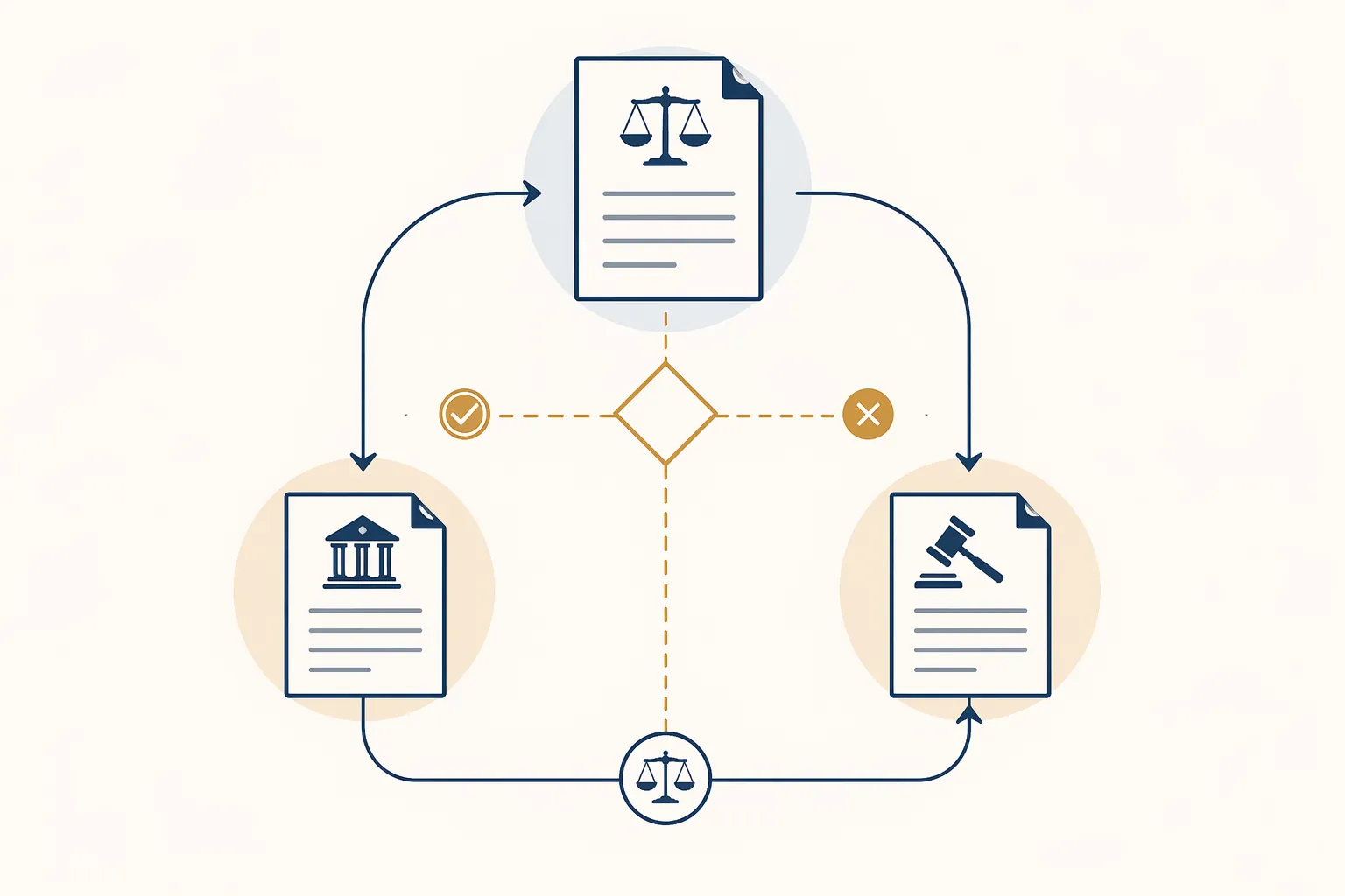 Interconnected legal document icons with conditional arrows