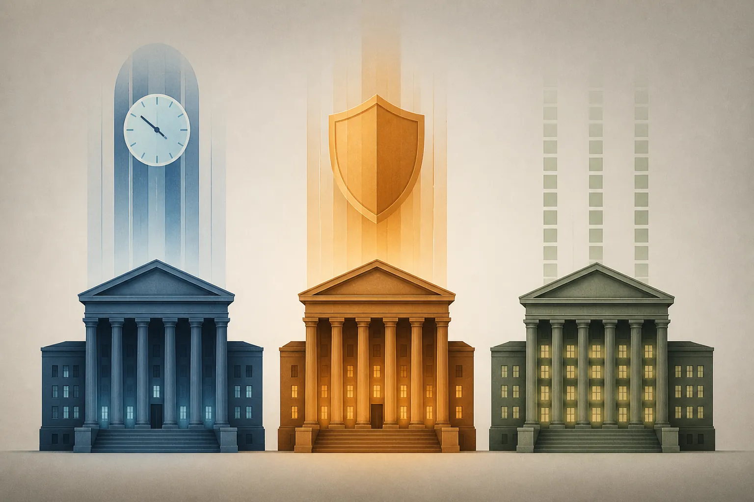Three differently colored courthouse silhouettes representing different venue responses