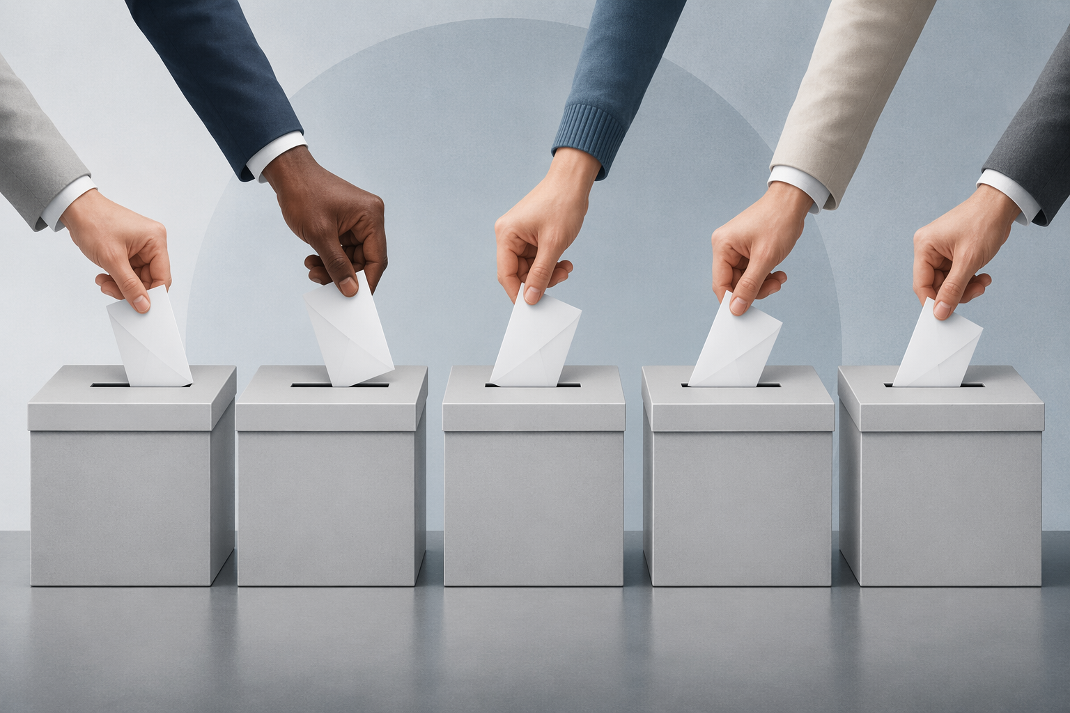 Anonymous hands placing identical folded ballots into sealed ballot boxes