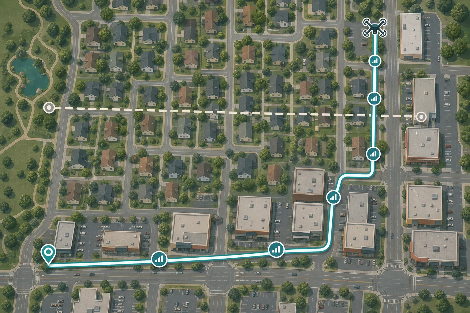 Stylized city map showing a drone route rerouted from residential blocks to a commercial corridor