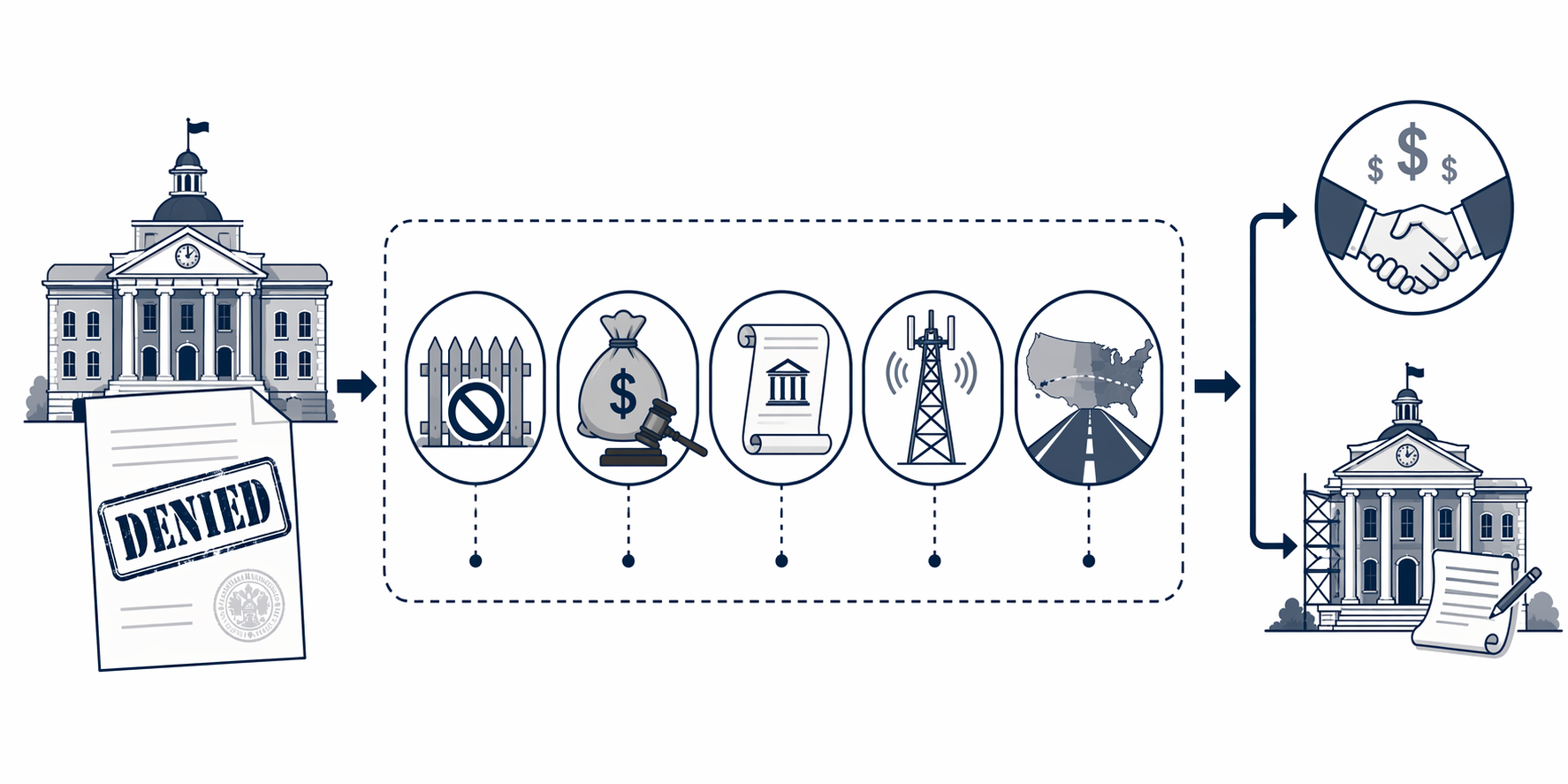 Legal pathway diagram showing data center developer countersuits after municipal denials