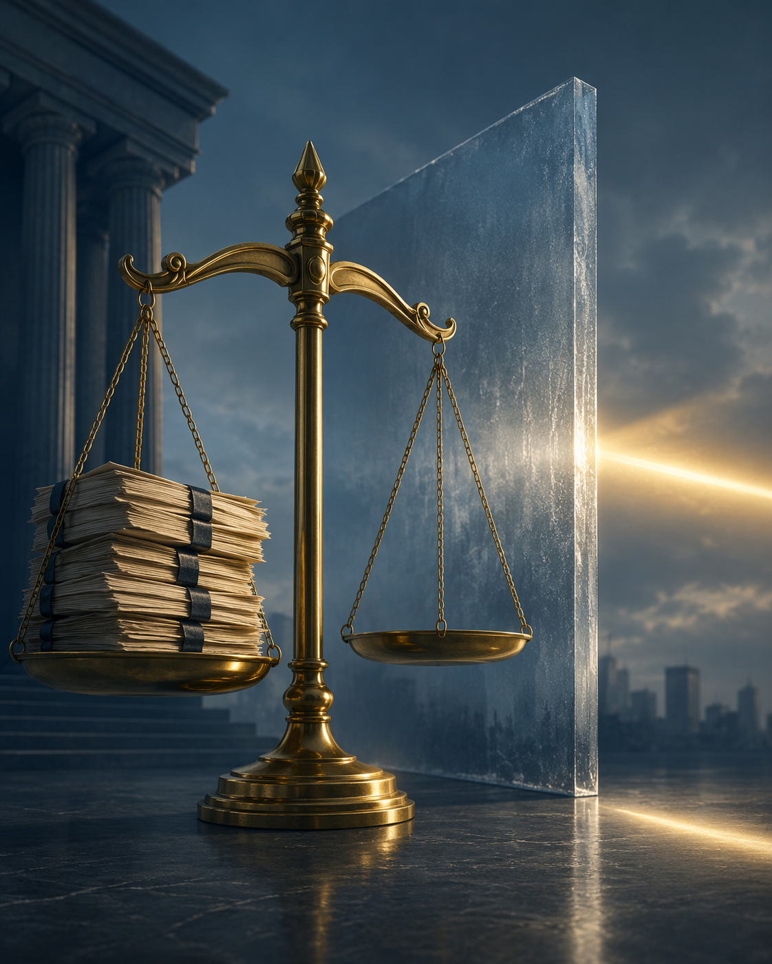 Scale of justice weighed down by legal papers behind a translucent barrier, symbolizing a major verdict constrained by a damages cap