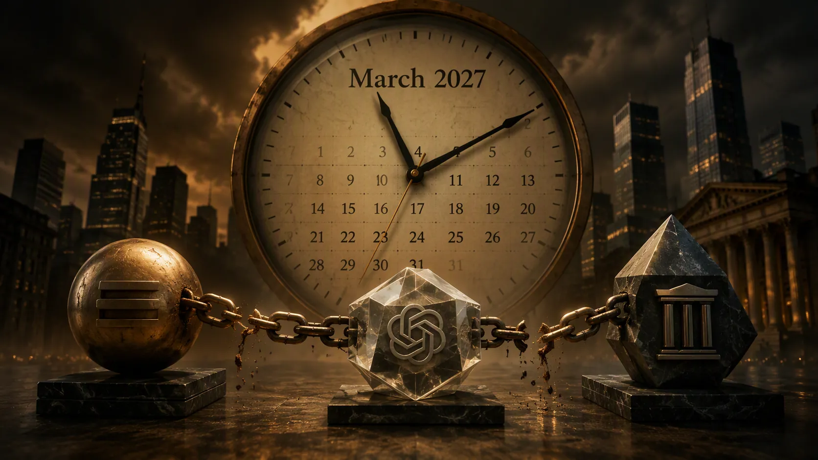 Clock marked March 2027 connected by a stressed financial chain linking SoftBank, OpenAI, and a law firm