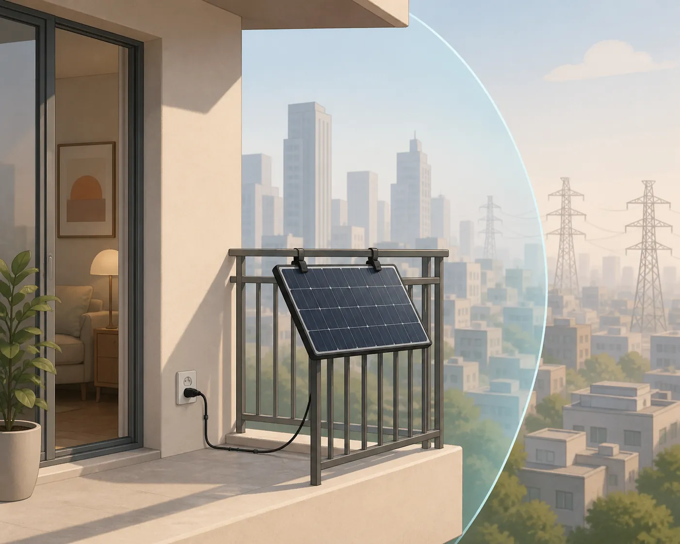 Portable solar panel clipped to an apartment balcony railing with a cable running to a wall outlet