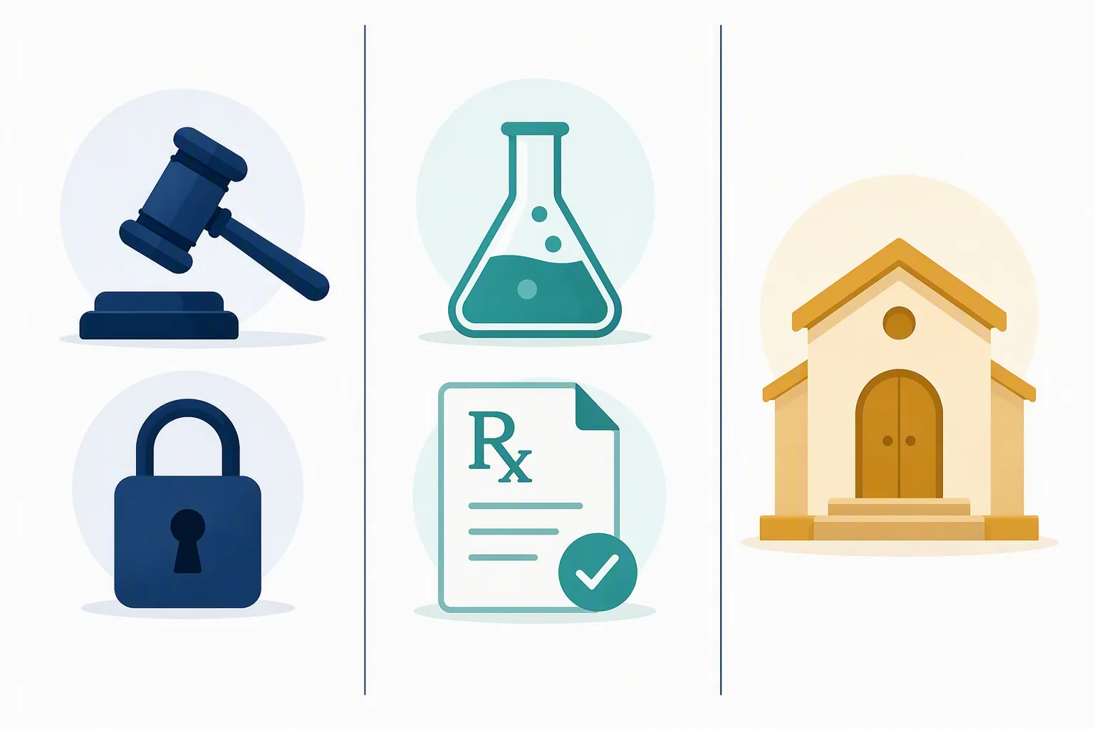 Diagram of three regulatory lanes for controlled-substance enforcement, FDA drug review, and religious exemption
