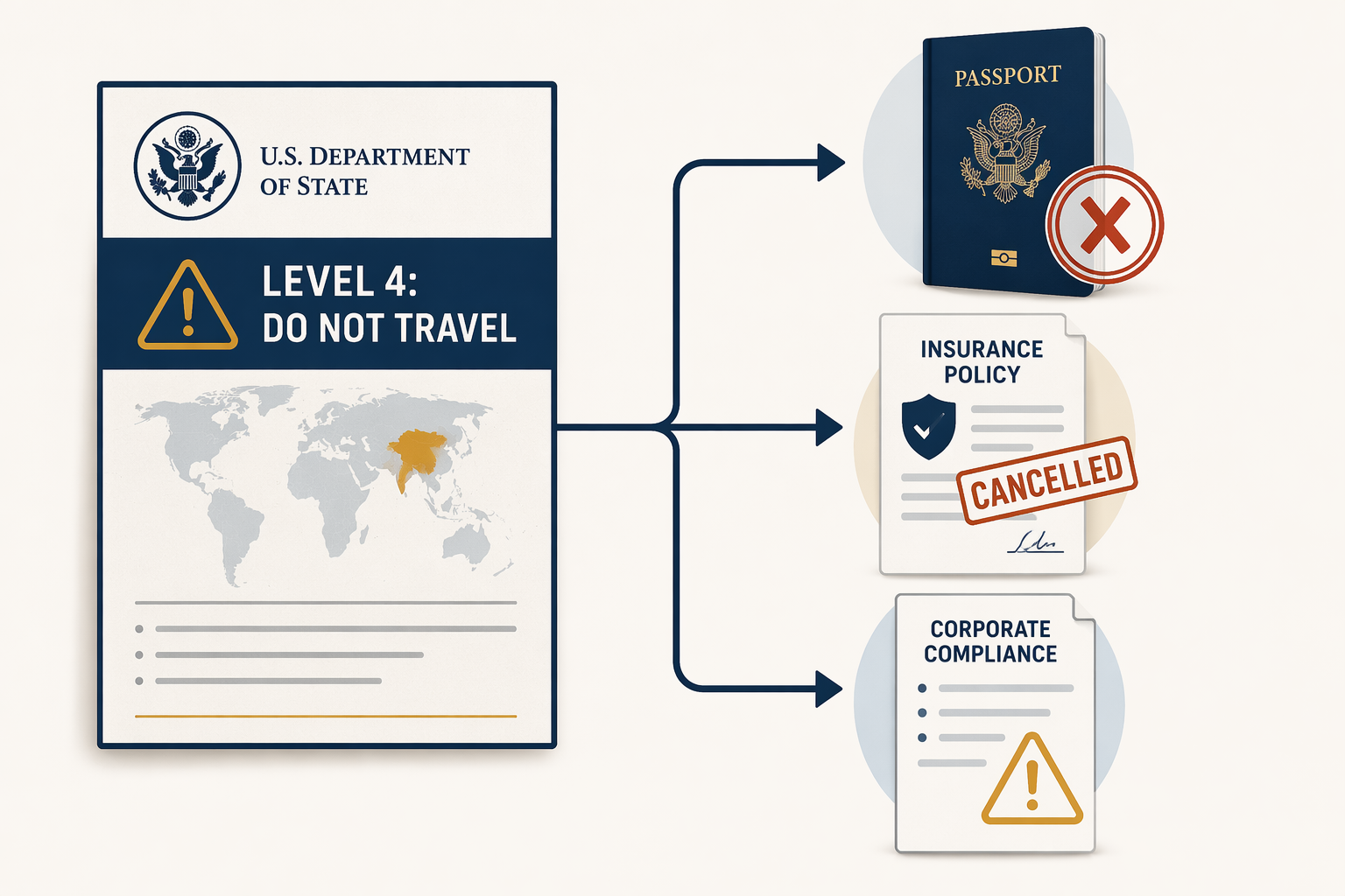 Level 4 Do Not Travel advisory branching to passport denial, insurance cancellation, and corporate compliance consequences