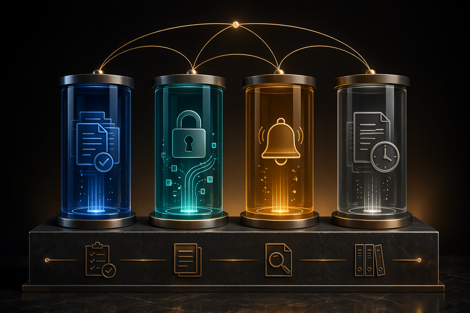 Four control pillars for competence, confidentiality, communication, and reasonable fees with verification documentation symbols